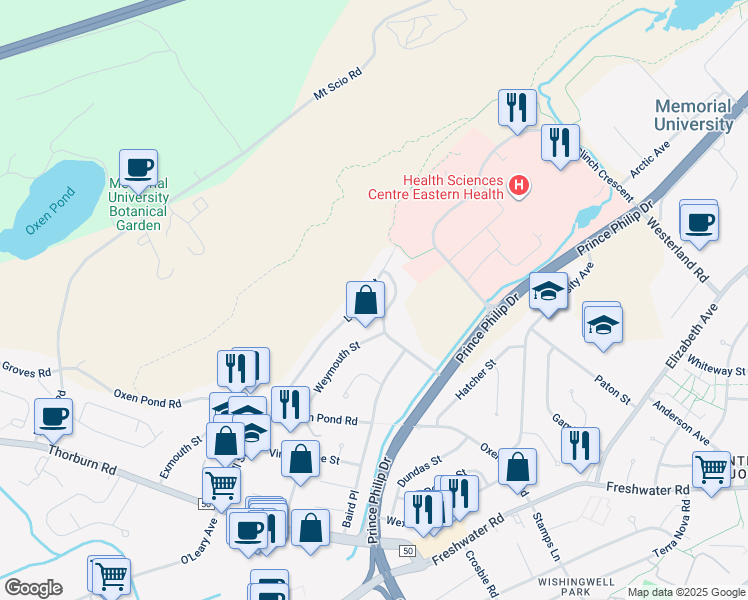 map of restaurants, bars, coffee shops, grocery stores, and more near 98 Larkhall Street in St. John's