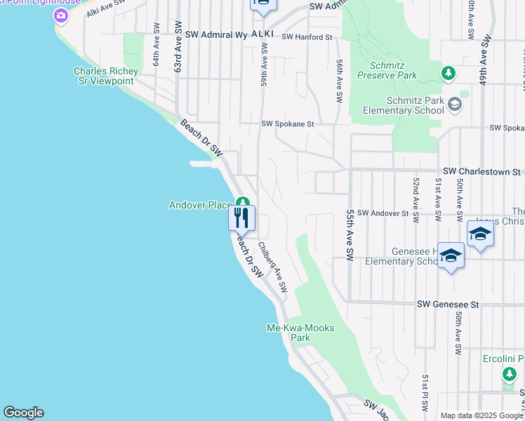 map of restaurants, bars, coffee shops, grocery stores, and more near 4022 58th Place Southwest in Seattle