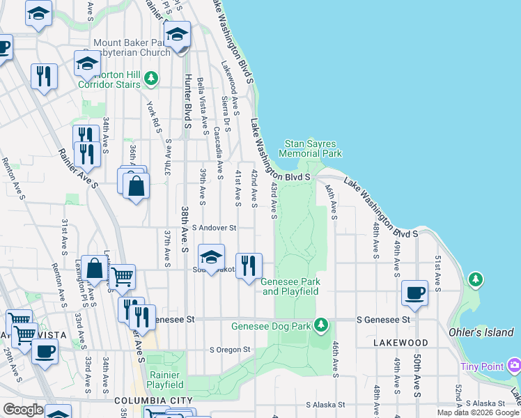 map of restaurants, bars, coffee shops, grocery stores, and more near 3927 43rd Avenue South in Seattle