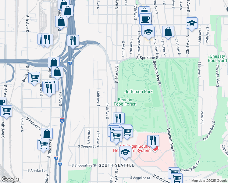 map of restaurants, bars, coffee shops, grocery stores, and more near 3932 14th Avenue South in Seattle