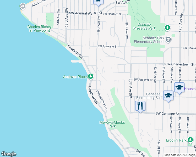 map of restaurants, bars, coffee shops, grocery stores, and more near 4022 58th Place Southwest in Seattle