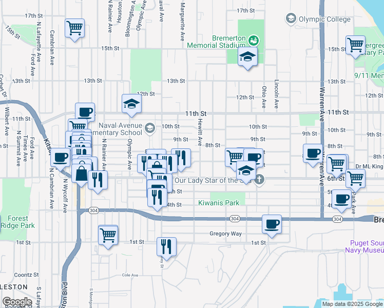 map of restaurants, bars, coffee shops, grocery stores, and more near 1923 7th Street in Bremerton