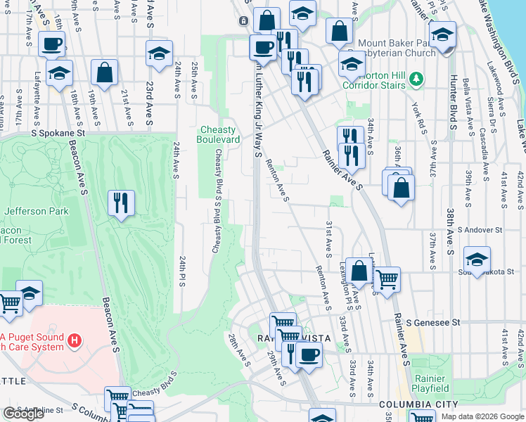 map of restaurants, bars, coffee shops, grocery stores, and more near 4000 Martin Luther King Junior Way South in Seattle