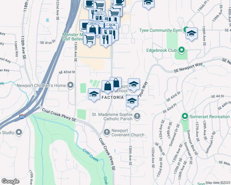 map of restaurants, bars, coffee shops, grocery stores, and more near 4228 Factoria Boulevard Southeast in Bellevue