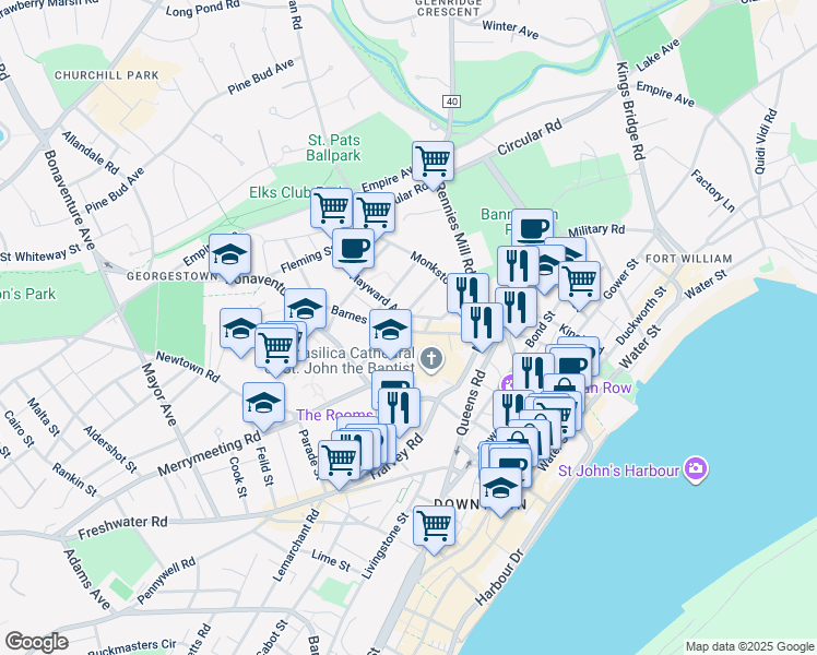 map of restaurants, bars, coffee shops, grocery stores, and more near 54 Barnes Road in St. John's