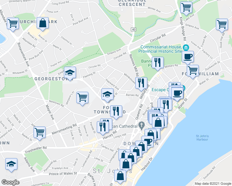 map of restaurants, bars, coffee shops, grocery stores, and more near 64 Mullock Street in St. John's