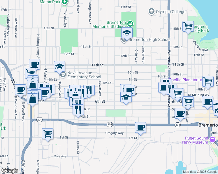 map of restaurants, bars, coffee shops, grocery stores, and more near 712 Pennsylvania Avenue in Bremerton