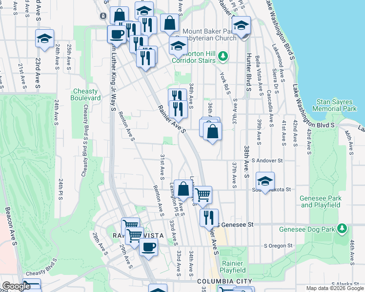 map of restaurants, bars, coffee shops, grocery stores, and more near 3815 Rainier Avenue South in Seattle