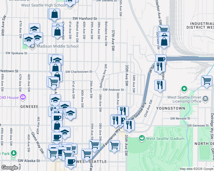 map of restaurants, bars, coffee shops, grocery stores, and more near 3815 37th Avenue Southwest in Seattle