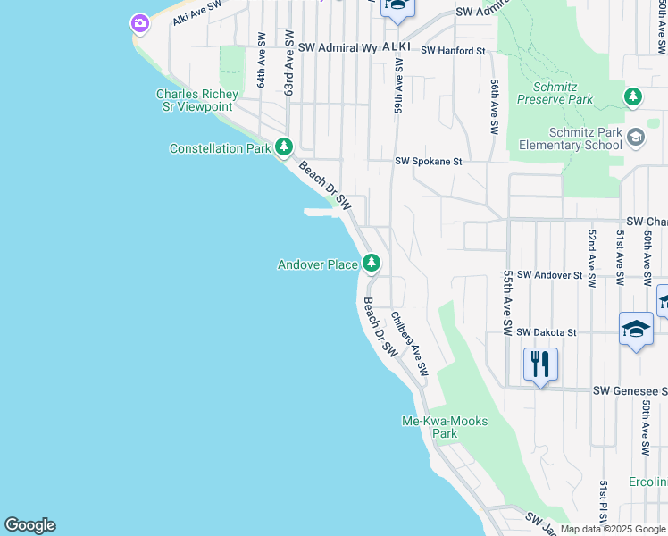 map of restaurants, bars, coffee shops, grocery stores, and more near 3817 Beach Drive Southwest in Seattle