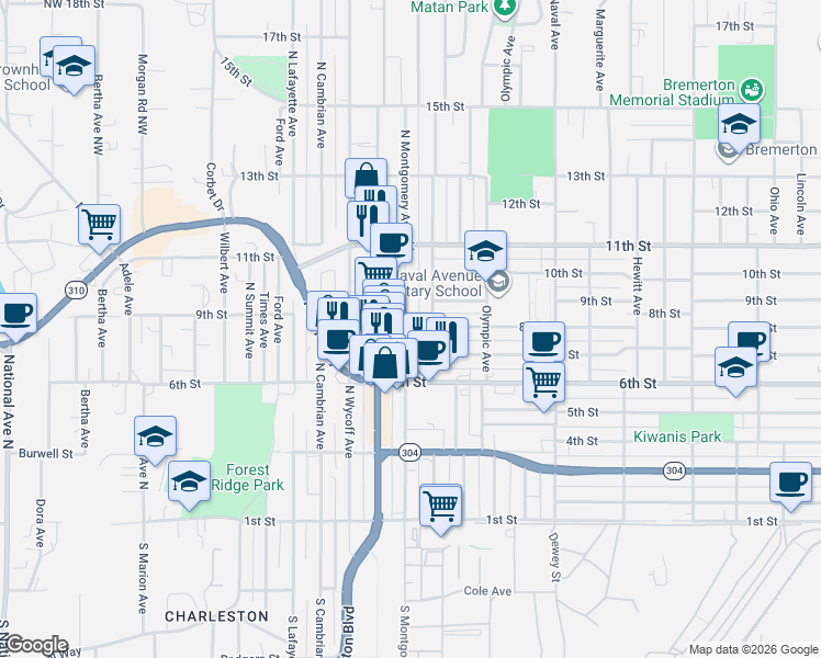 map of restaurants, bars, coffee shops, grocery stores, and more near 908 North Montgomery Avenue in Bremerton