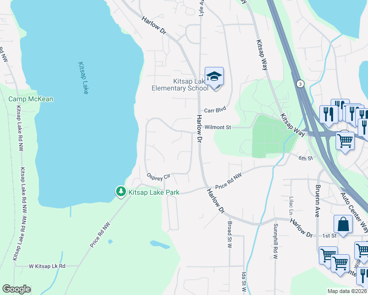 map of restaurants, bars, coffee shops, grocery stores, and more near 7017 Osprey Circle in Bremerton