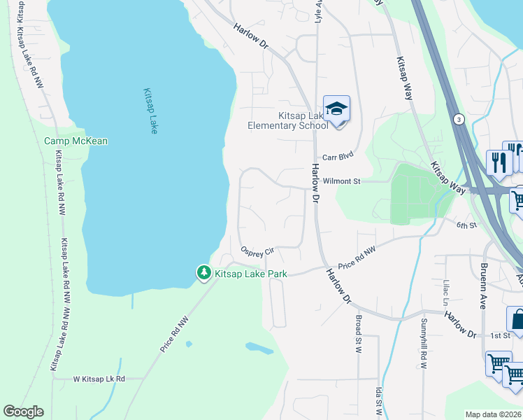 map of restaurants, bars, coffee shops, grocery stores, and more near 6039 Blue Heron Place in Bremerton