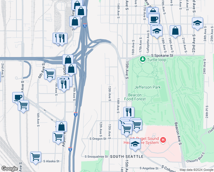 map of restaurants, bars, coffee shops, grocery stores, and more near 3901 13th Avenue South in Seattle