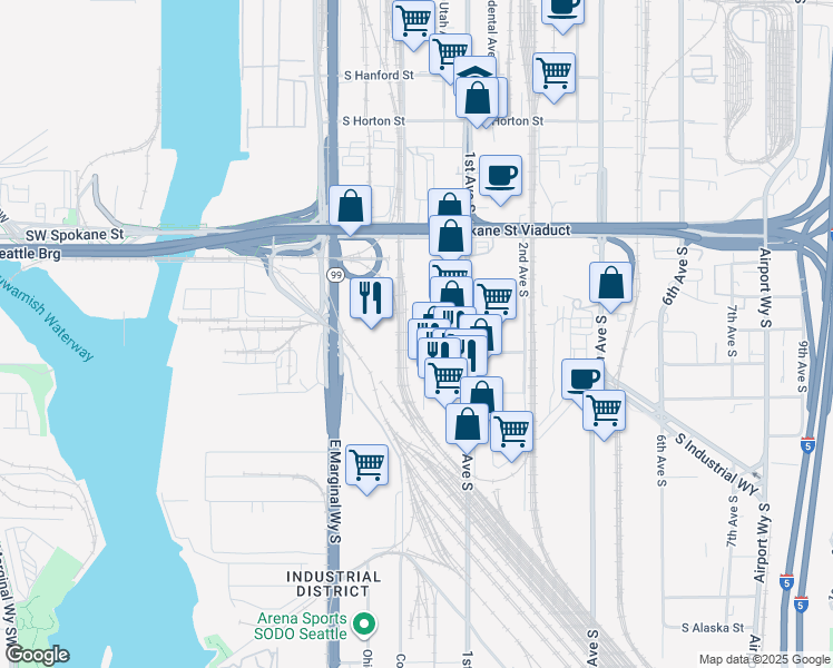 map of restaurants, bars, coffee shops, grocery stores, and more near 3667 1st Avenue South in Seattle