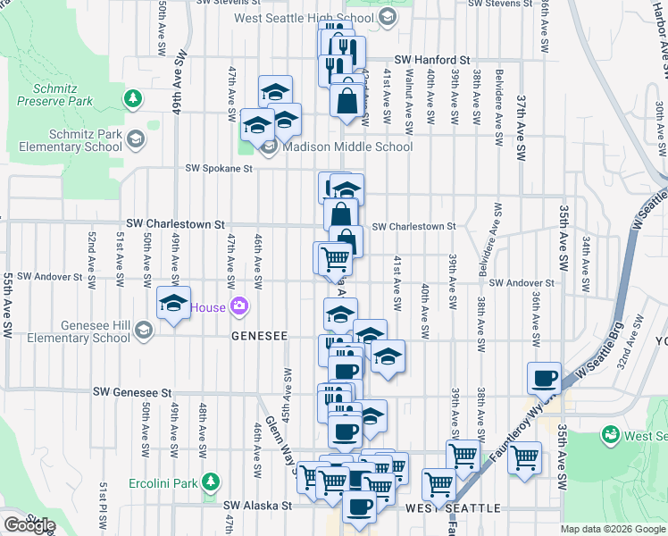map of restaurants, bars, coffee shops, grocery stores, and more near 3911 California Avenue Southwest in Seattle