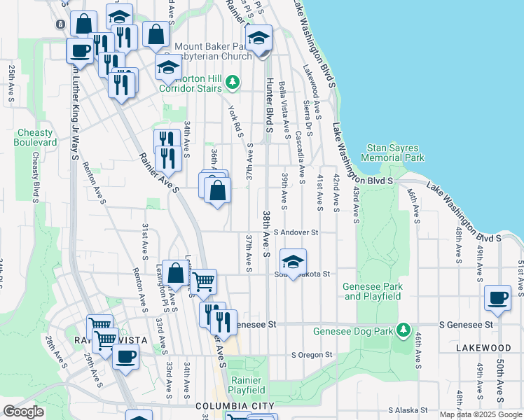 map of restaurants, bars, coffee shops, grocery stores, and more near 3808 37th Avenue South in Seattle
