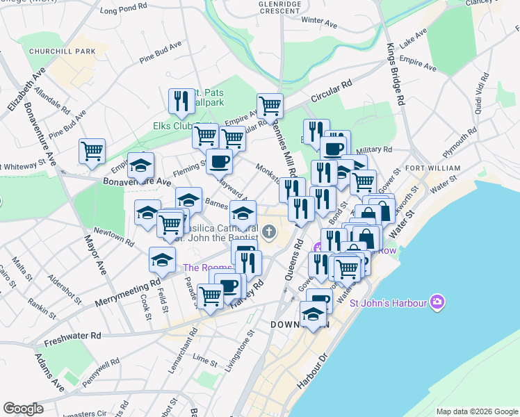 map of restaurants, bars, coffee shops, grocery stores, and more near 21 Hayward Avenue in St. John's