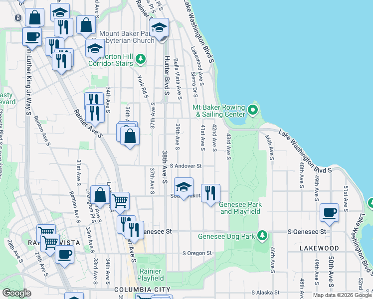 map of restaurants, bars, coffee shops, grocery stores, and more near 3811 Cascadia Avenue South in Seattle