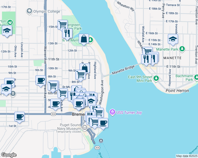 map of restaurants, bars, coffee shops, grocery stores, and more near 646 Highland Avenue in Bremerton
