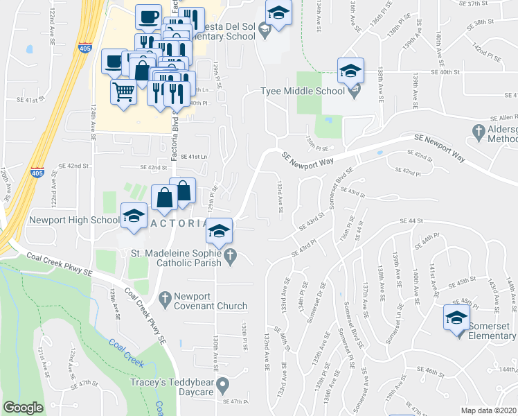 map of restaurants, bars, coffee shops, grocery stores, and more near 12025 131st Place Southeast in Bellevue