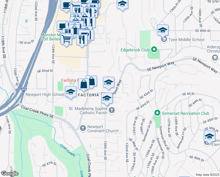 map of restaurants, bars, coffee shops, grocery stores, and more near 4204 129th Place Southeast in Bellevue