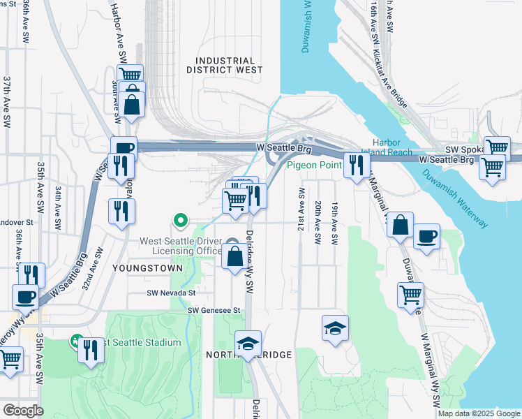 map of restaurants, bars, coffee shops, grocery stores, and more near 3823 23rd Avenue Southwest in Seattle