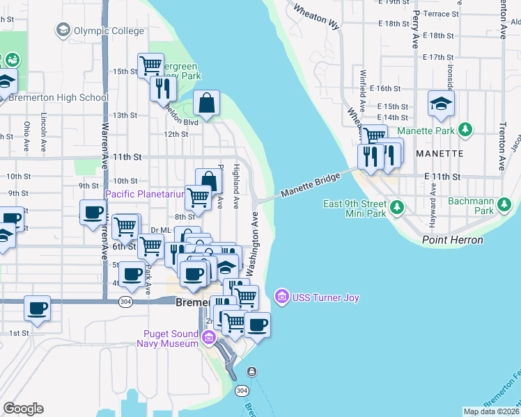 map of restaurants, bars, coffee shops, grocery stores, and more near 902 Washington Avenue in Bremerton