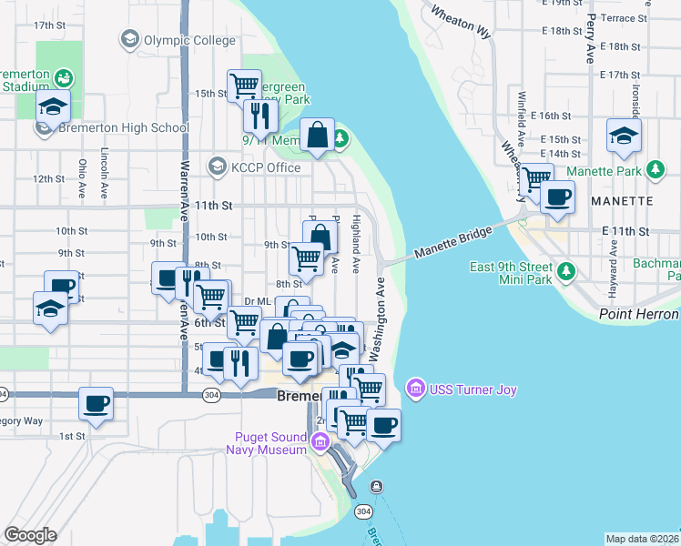 map of restaurants, bars, coffee shops, grocery stores, and more near 903 Highland Avenue in Bremerton