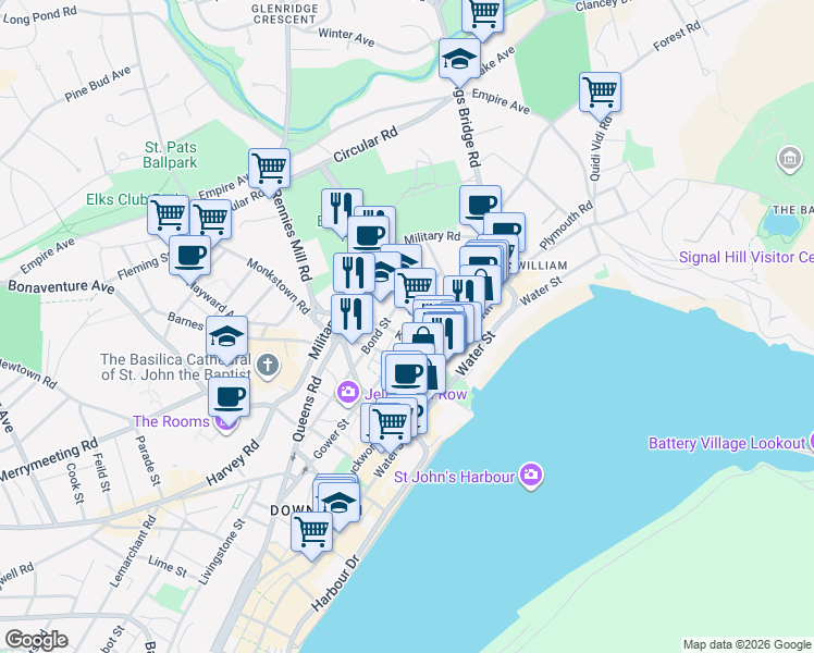 map of restaurants, bars, coffee shops, grocery stores, and more near Cummings Street in St. John's
