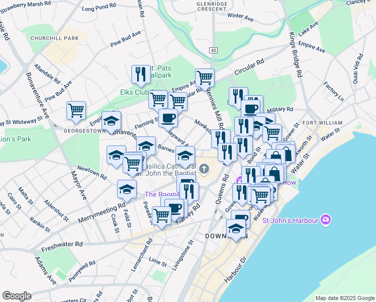 map of restaurants, bars, coffee shops, grocery stores, and more near 58 Mullock Street in St. John's