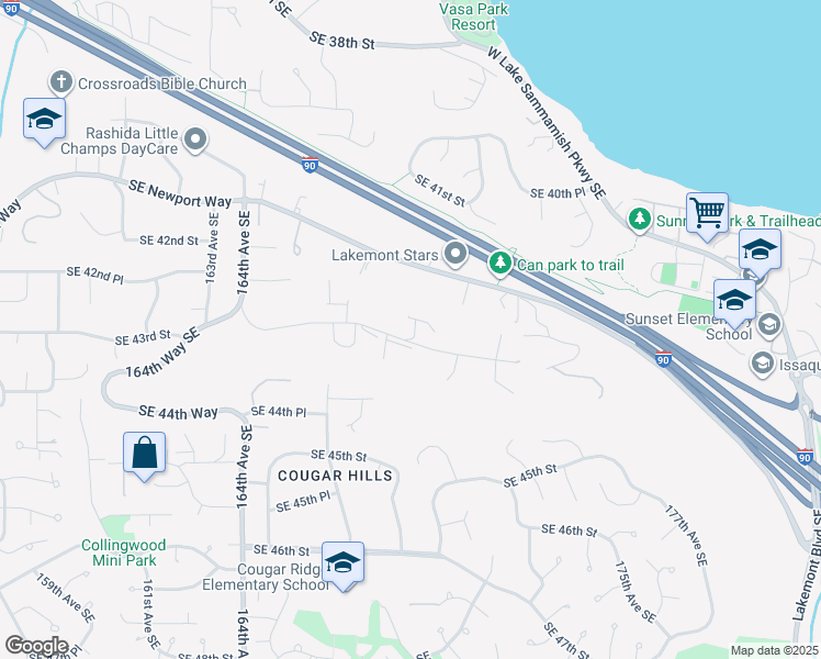 map of restaurants, bars, coffee shops, grocery stores, and more near 16830 Southeast 43rd Street in Bellevue