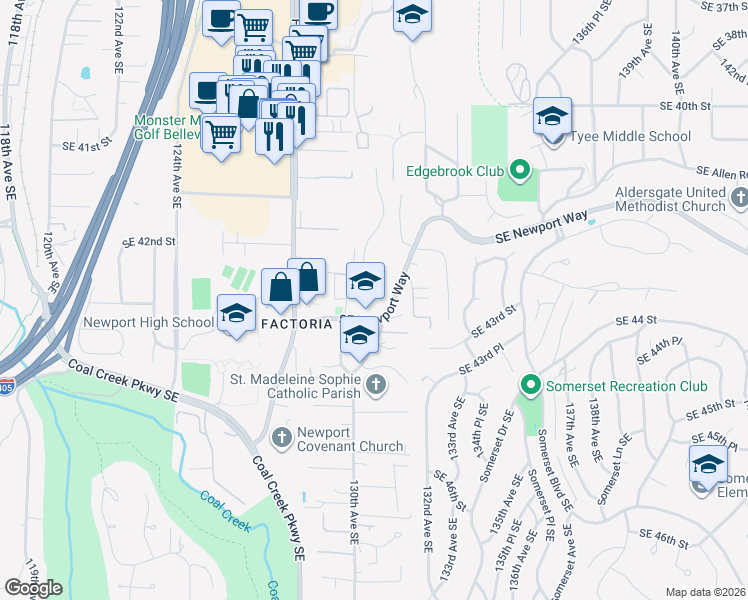 map of restaurants, bars, coffee shops, grocery stores, and more near 4262 129th Place Southeast in Bellevue