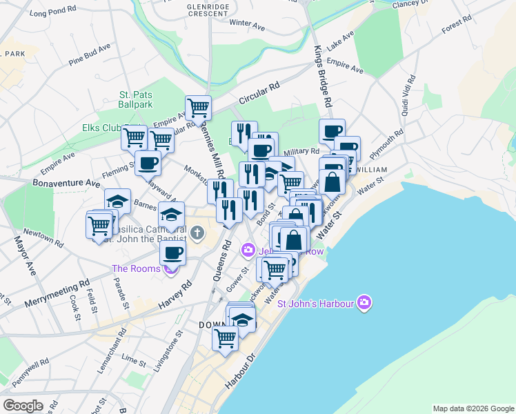 map of restaurants, bars, coffee shops, grocery stores, and more near 83 Kings Road in St. John's