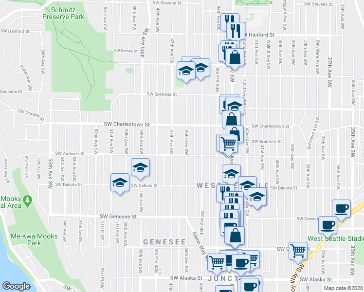 map of restaurants, bars, coffee shops, grocery stores, and more near 3825 46th Avenue Southwest in Seattle