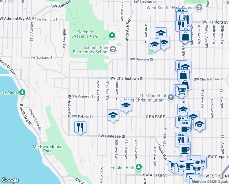 map of restaurants, bars, coffee shops, grocery stores, and more near 3820 51st Avenue Southwest in Seattle