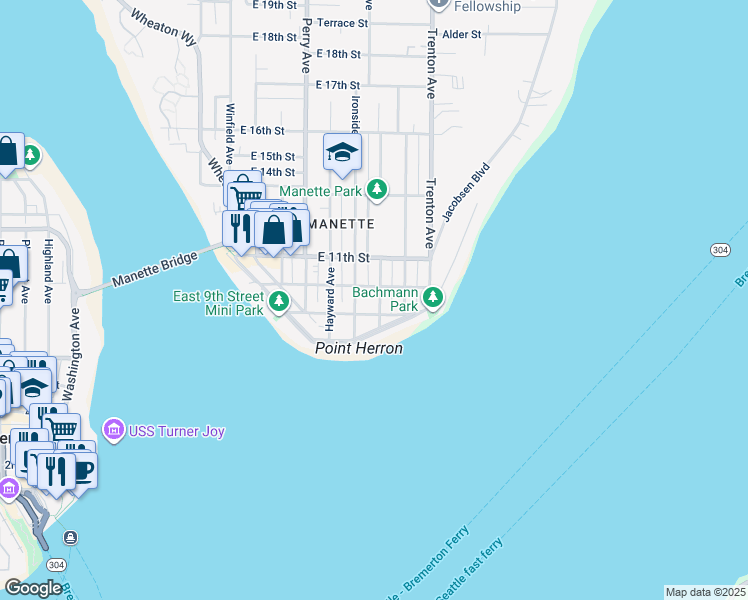 map of restaurants, bars, coffee shops, grocery stores, and more near 1002 Ironsides Avenue in Bremerton