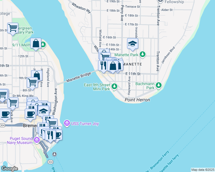 map of restaurants, bars, coffee shops, grocery stores, and more near 148 Shore Drive in Bremerton