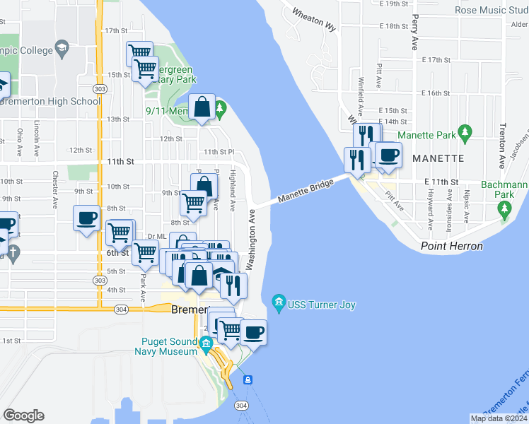 map of restaurants, bars, coffee shops, grocery stores, and more near 902 Washington Avenue in Bremerton