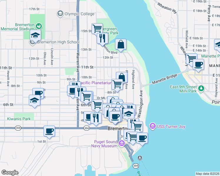 map of restaurants, bars, coffee shops, grocery stores, and more near 828 Cogean Avenue in Bremerton