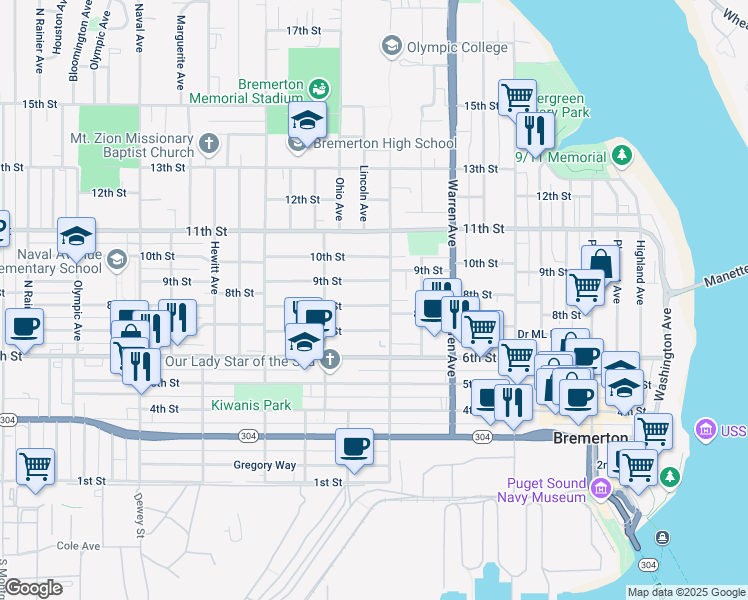 map of restaurants, bars, coffee shops, grocery stores, and more near 1216 9th Street in Bremerton