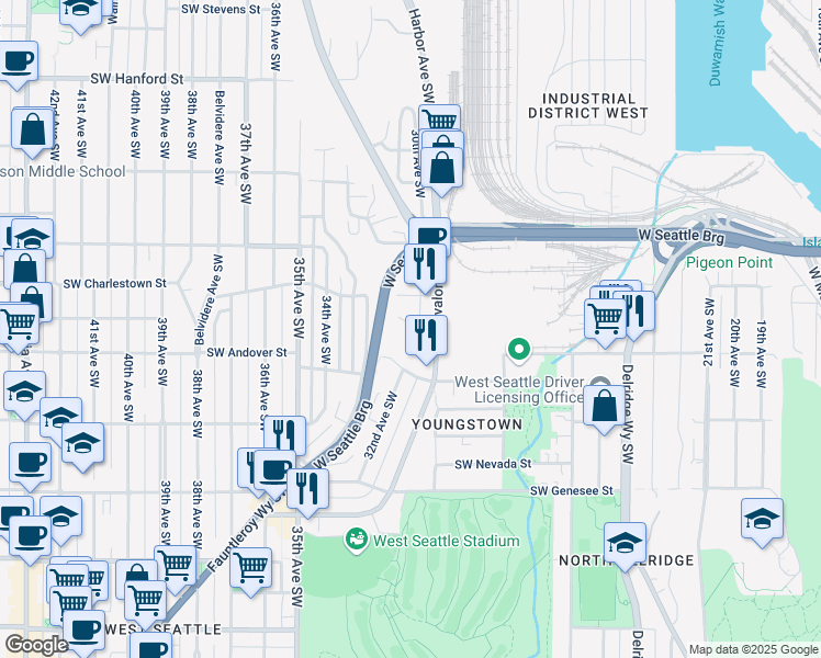 map of restaurants, bars, coffee shops, grocery stores, and more near 3021 Southwest Bradford Street in Seattle