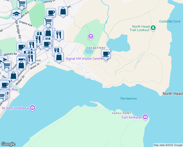 map of restaurants, bars, coffee shops, grocery stores, and more near 12 Fort Waldegrave in St. John's