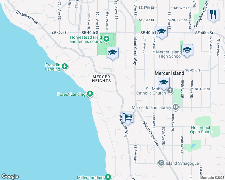 map of restaurants, bars, coffee shops, grocery stores, and more near 8150 Evergreen Lane in Mercer Island