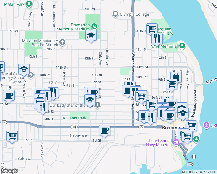 map of restaurants, bars, coffee shops, grocery stores, and more near 1216 8th Street in Bremerton