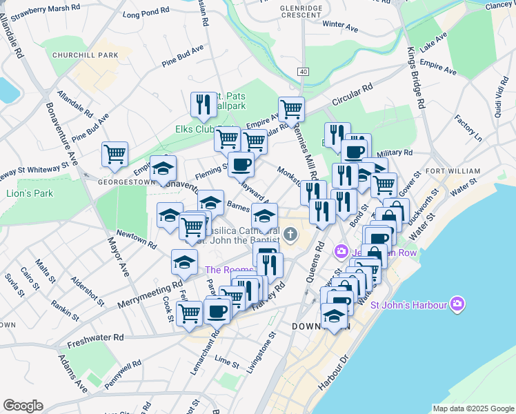 map of restaurants, bars, coffee shops, grocery stores, and more near 55 William Street in St. John's