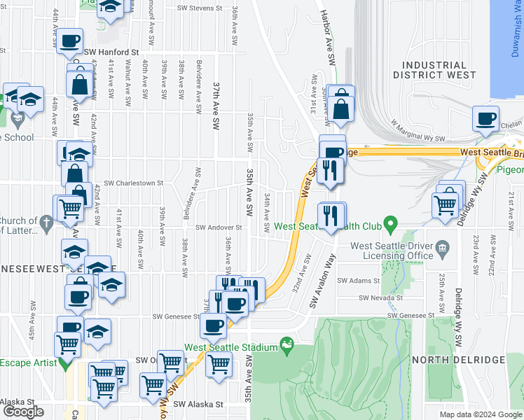 map of restaurants, bars, coffee shops, grocery stores, and more near 3831 34th Avenue Southwest in Seattle