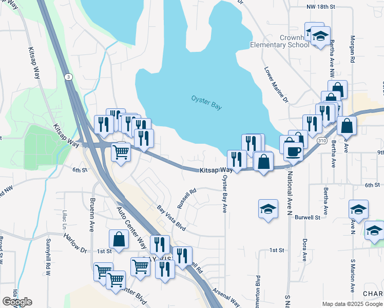map of restaurants, bars, coffee shops, grocery stores, and more near 952 Lower Oyster Bay Drive in Bremerton