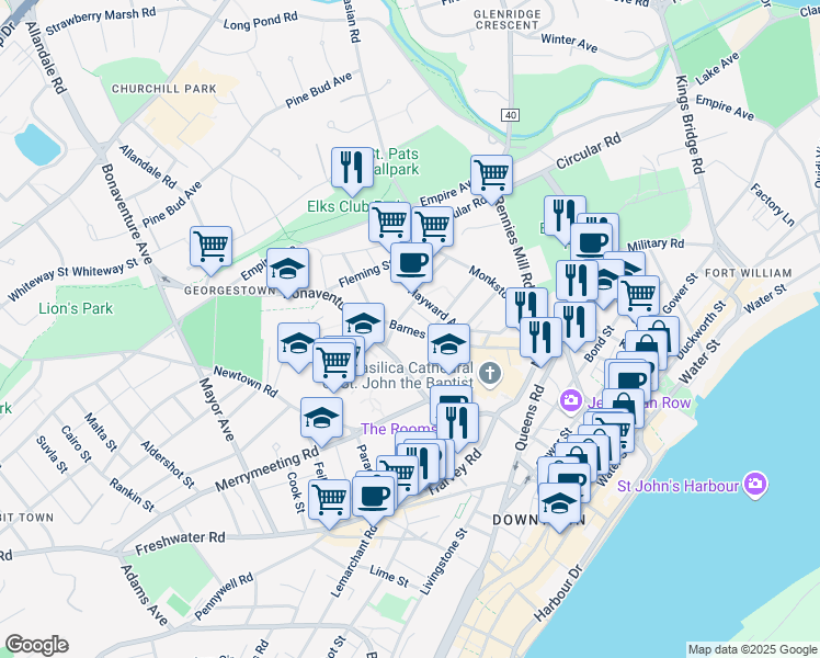 map of restaurants, bars, coffee shops, grocery stores, and more near 100 Barnes Road in St. John's