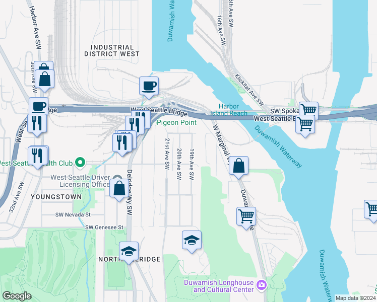 map of restaurants, bars, coffee shops, grocery stores, and more near 3821 19th Avenue Southwest in Seattle